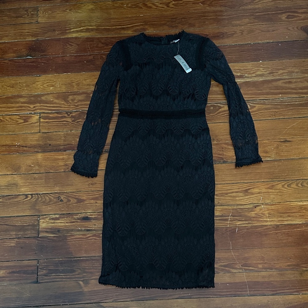 Sz M Black Lace Midi Long Sleeve Shift Dress Boutique NWT Chic Sexy